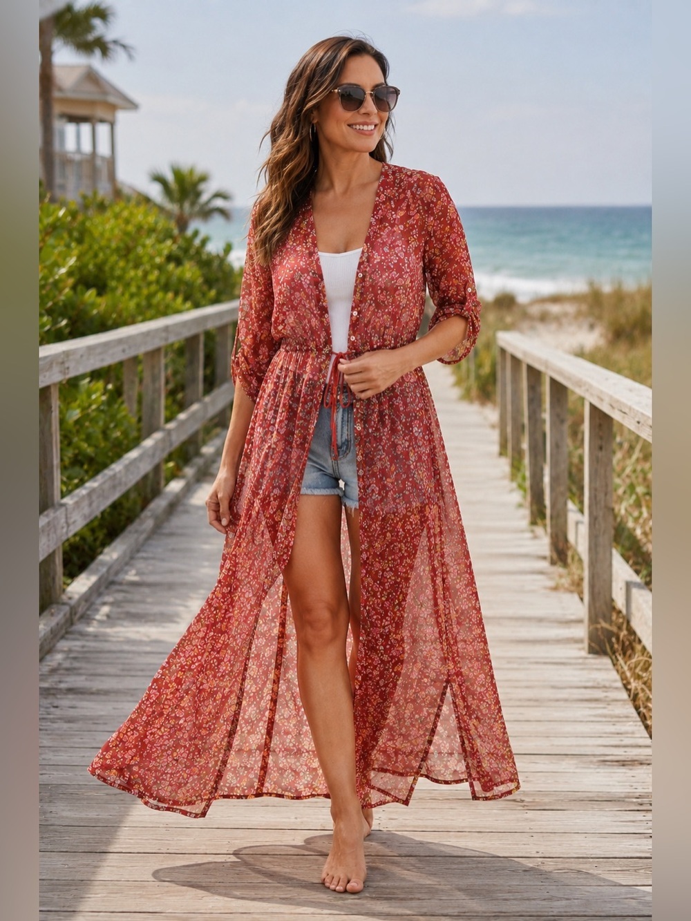 Red Floral Sheer Maxi Dress Boho Beach Cover-Up Tie Waist Size L